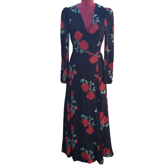 Reformation Milan Wrap Dress Red Roses Georgette Balloon